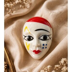 Vintage Taiwan ROC Face Mask Brooch Pin Hand Painted Clown Mime Figural